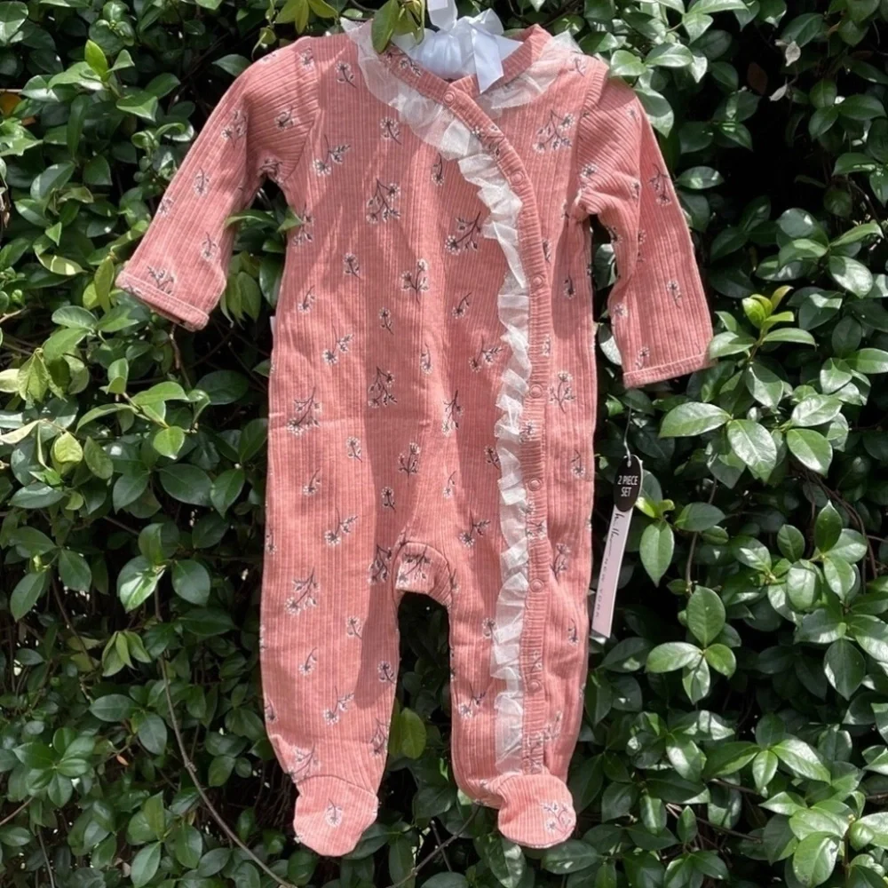 NWT NICOLE Miller Rose Tulle Detail Footie 2 Piece Set NB Girl